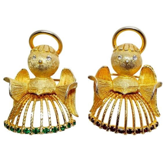 Small Rhinestone Angel Brooch Gold Tone Pair Cherub Pin Red Green Crystal - Picture 3 of 9